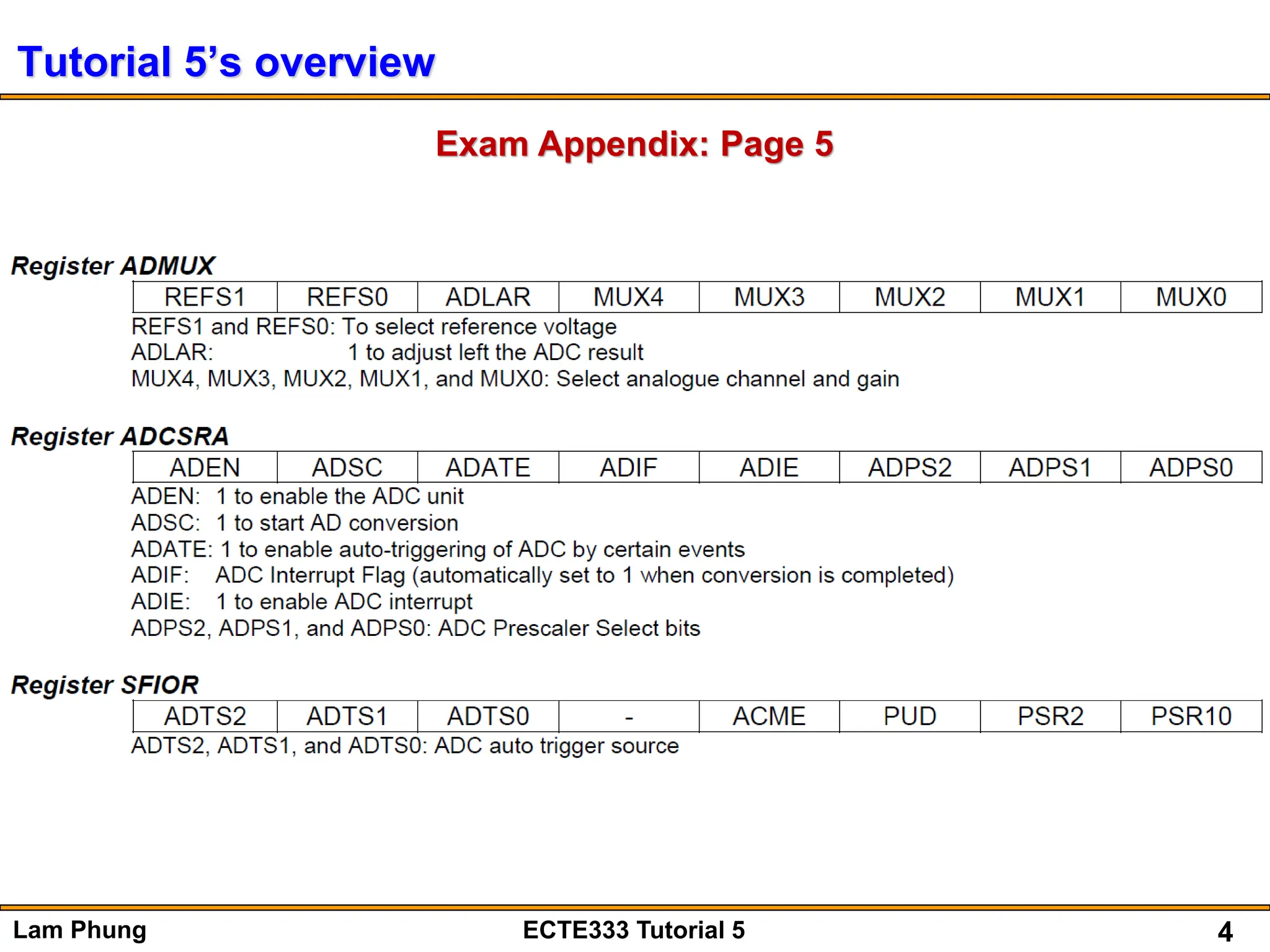 4
Lam Phung ECTE333 Tutorial 5
Tutorial 5’s overview
Exam Appendix: Page 5
 