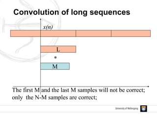 M
x(n)
Convolution of long sequences
L
The first M and the last M samples will not be correct;
only the N-M samples are correct;
*
 