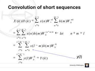 Convolution of short sequences
)()(
)()(
)()(
)()()()(
1
0
1
0
1
0
1
0
1
0
)(
1
0
1
0
kYWly
Wmhmlx
lmnletWmhnx
WmhWnxkHkX
ML
l
lk
N
ML
l
M
m
lk
N
L
n
M
m
kmn
N
M
m
mk
N
L
n
nk
N
y(l)
 