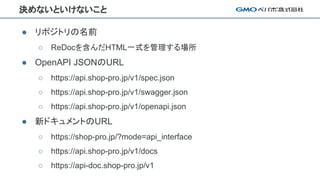 決めないといけないこと
● リポジトリの名前
○ ReDocを含んだHTML一式を管理する場所
● OpenAPI JSONのURL
○ https://api.shop-pro.jp/v1/spec.json
○ https://api.shop-pro.jp/v1/swagger.json
○ https://api.shop-pro.jp/v1/openapi.json
● 新ドキュメントのURL
○ https://shop-pro.jp/?mode=api_interface
○ https://api.shop-pro.jp/v1/docs
○ https://api-doc.shop-pro.jp/v1
 