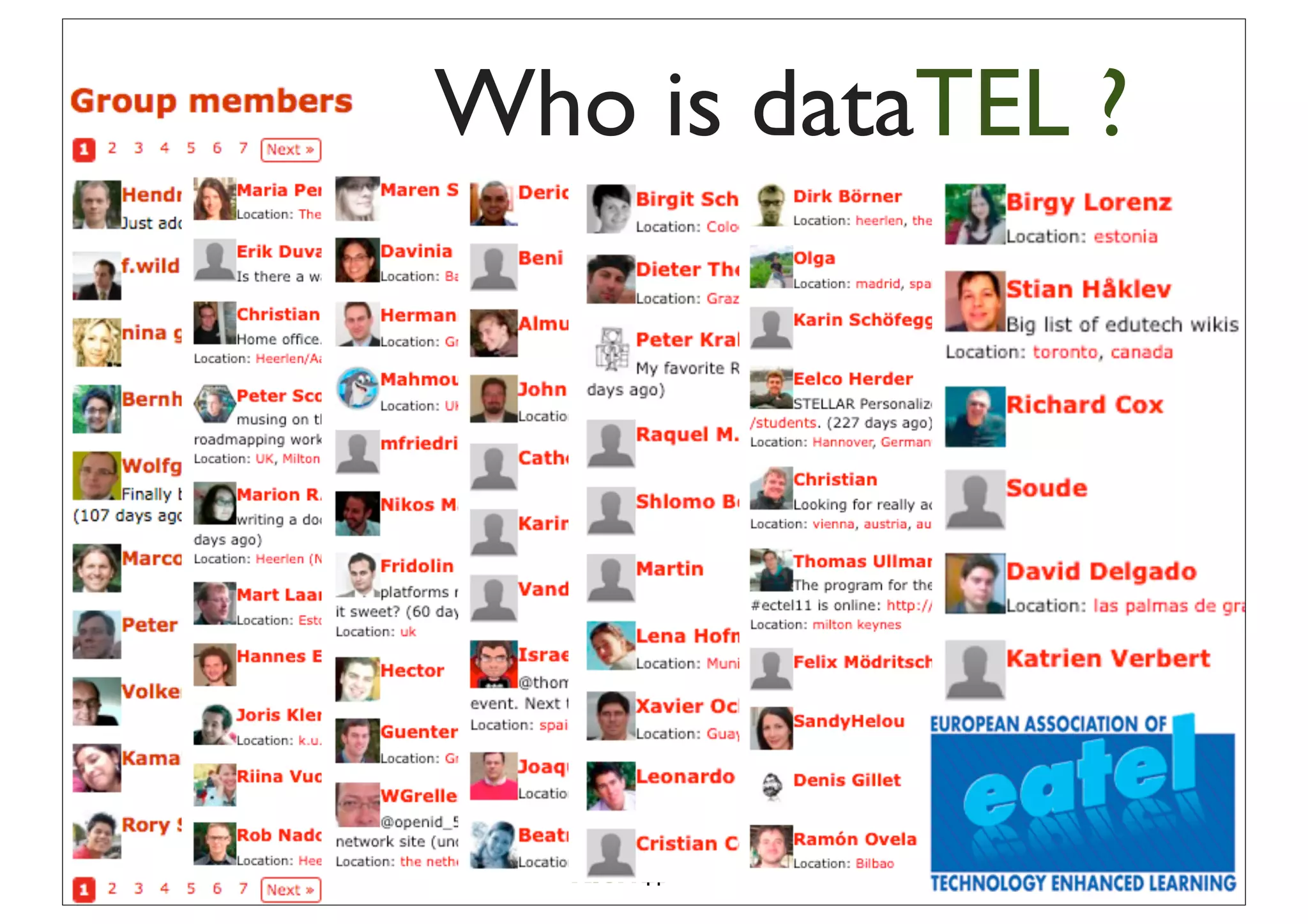 Who is dataTEL ?


  Riina   Stephanie    Katrien      Nikos      Martin     Hendrik
Vuorikari Lindstaedt   Verbert    Manouselis   Wolpers   Drachsler

             MAVSEL                    CEN PT
                                       Social Data



  Miguel                     Joris
Angel Sicillia              Klerkx11
 