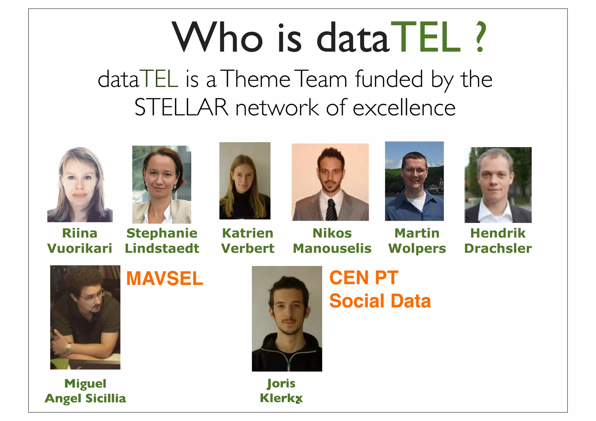 Who is dataTEL ?
         dataTEL is a Theme Team funded by the
             STELLAR network of excellence



  Riina   Stephanie    Katrien     Nikos      Martin     Hendrik
Vuorikari Lindstaedt   Verbert   Manouselis   Wolpers   Drachsler

             MAVSEL                   CEN PT
                                      Social Data



  Miguel                     Joris
Angel Sicillia              Klerkx2
 