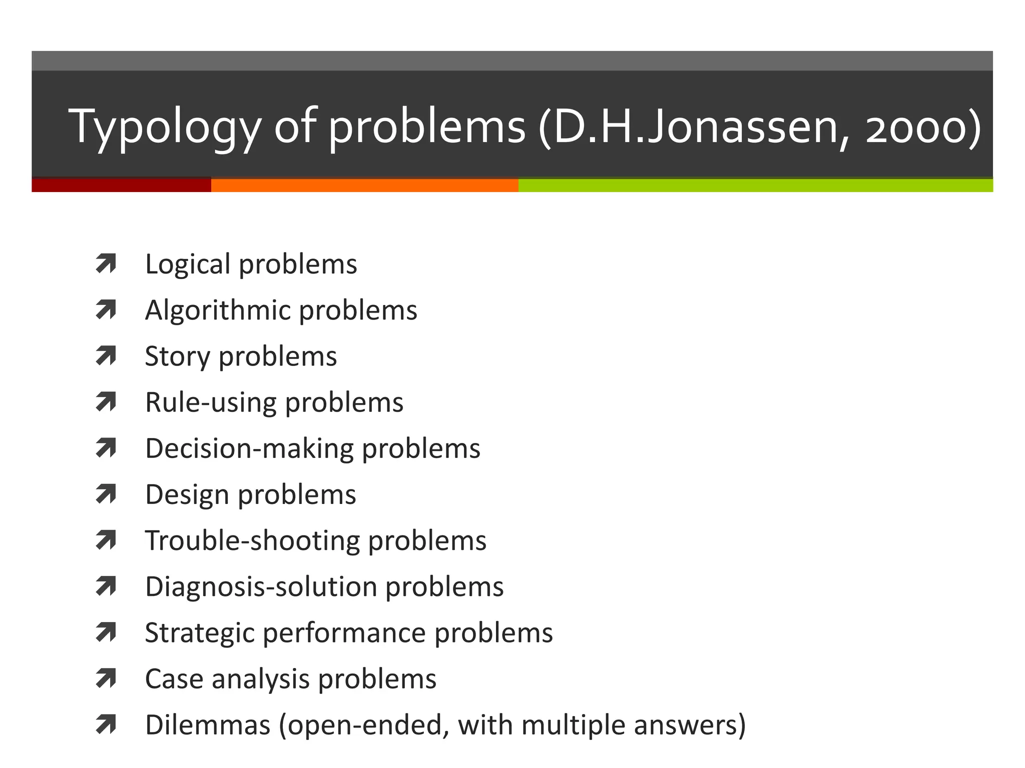 Typology of problems (D.H.Jonassen, 2000)
 Logical problems
 Algorithmic problems
 Story problems
 Rule-using problems
 Decision-making problems
 Design problems
 Trouble-shooting problems
 Diagnosis-solution problems
 Strategic performance problems
 Case analysis problems
 Dilemmas (open-ended, with multiple answers)
 