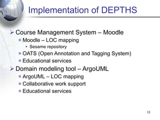 Implementation of DEPTHS Course Management System – Moodle Moodle – LOC mapping Sesame repository  OATS (Open Annotation and Tagging System) Educational services Domain modeling tool – ArgoUML ArgoUML – LOC mapping Collaborative work support Educational services 