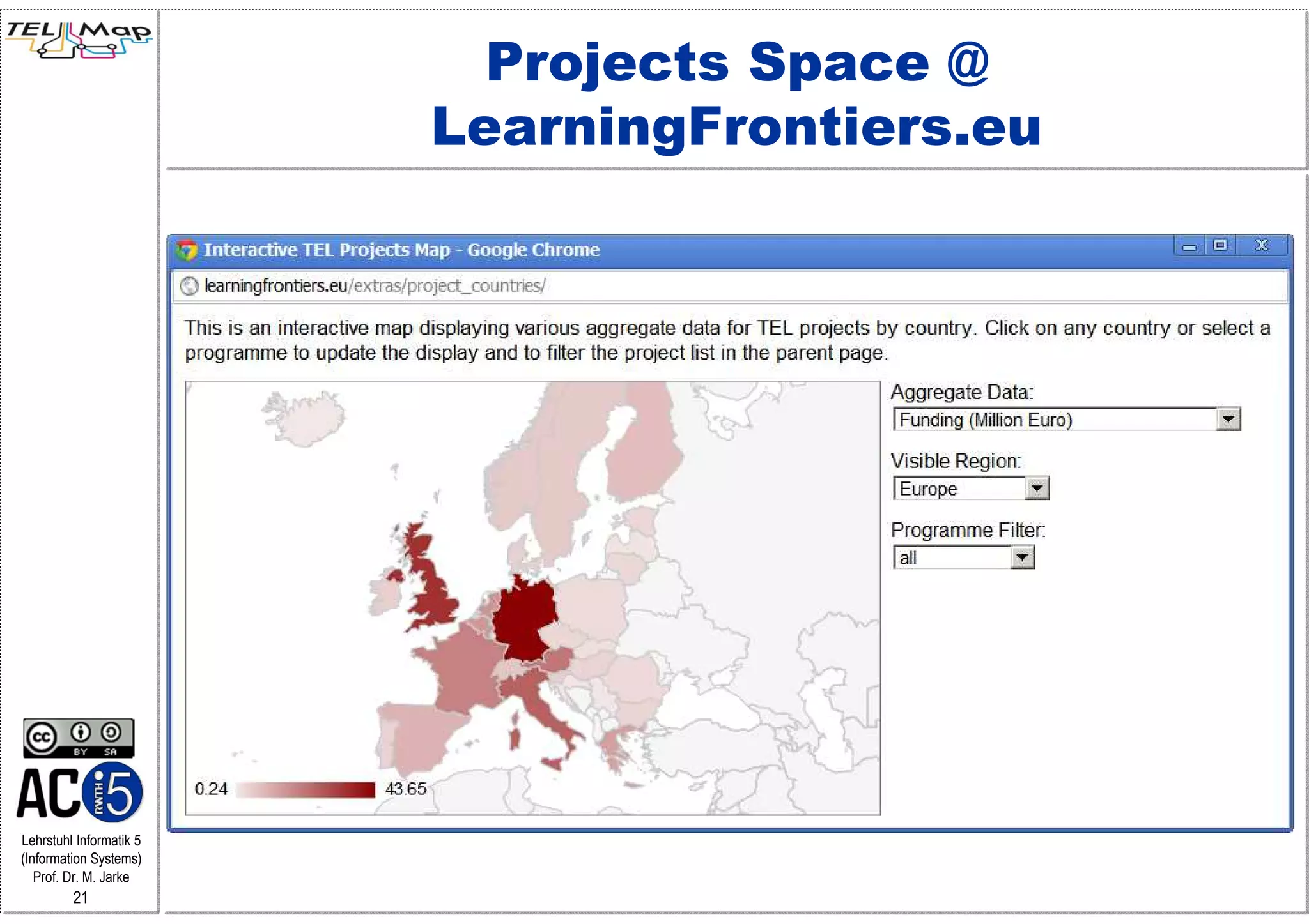 Projects Space @
                         LearningFrontiers.eu




Lehrstuhl Informatik 5
(Information Systems)
   Prof. Dr. M. Jarke
         21
 