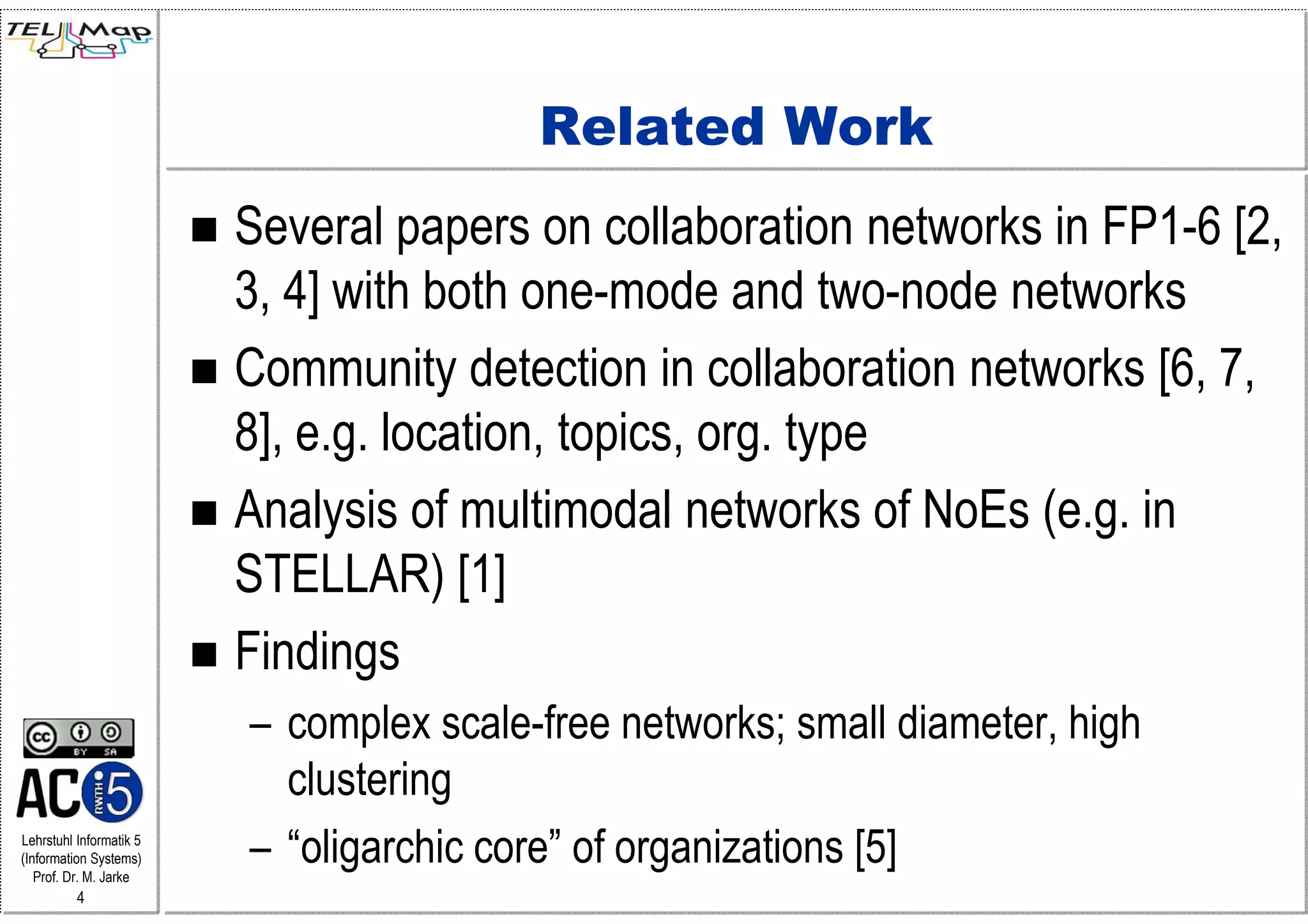 Related Work
                         Several papers on collaboration networks in FP1-6 [2,
                         3, 4] with both one-mode and two-node networks
                         Community detection in collaboration networks [6, 7,
                         8], e.g. location, topics, org. type
                         Analysis of multimodal networks of NoEs (e.g. in
                         STELLAR) [1]
                         Findings
                         – complex scale-free networks; small diameter, high
                           clustering
Lehrstuhl Informatik 5
(Information Systems)
   Prof. Dr. M. Jarke
                         – “oligarchic core” of organizations [5]
          4
 