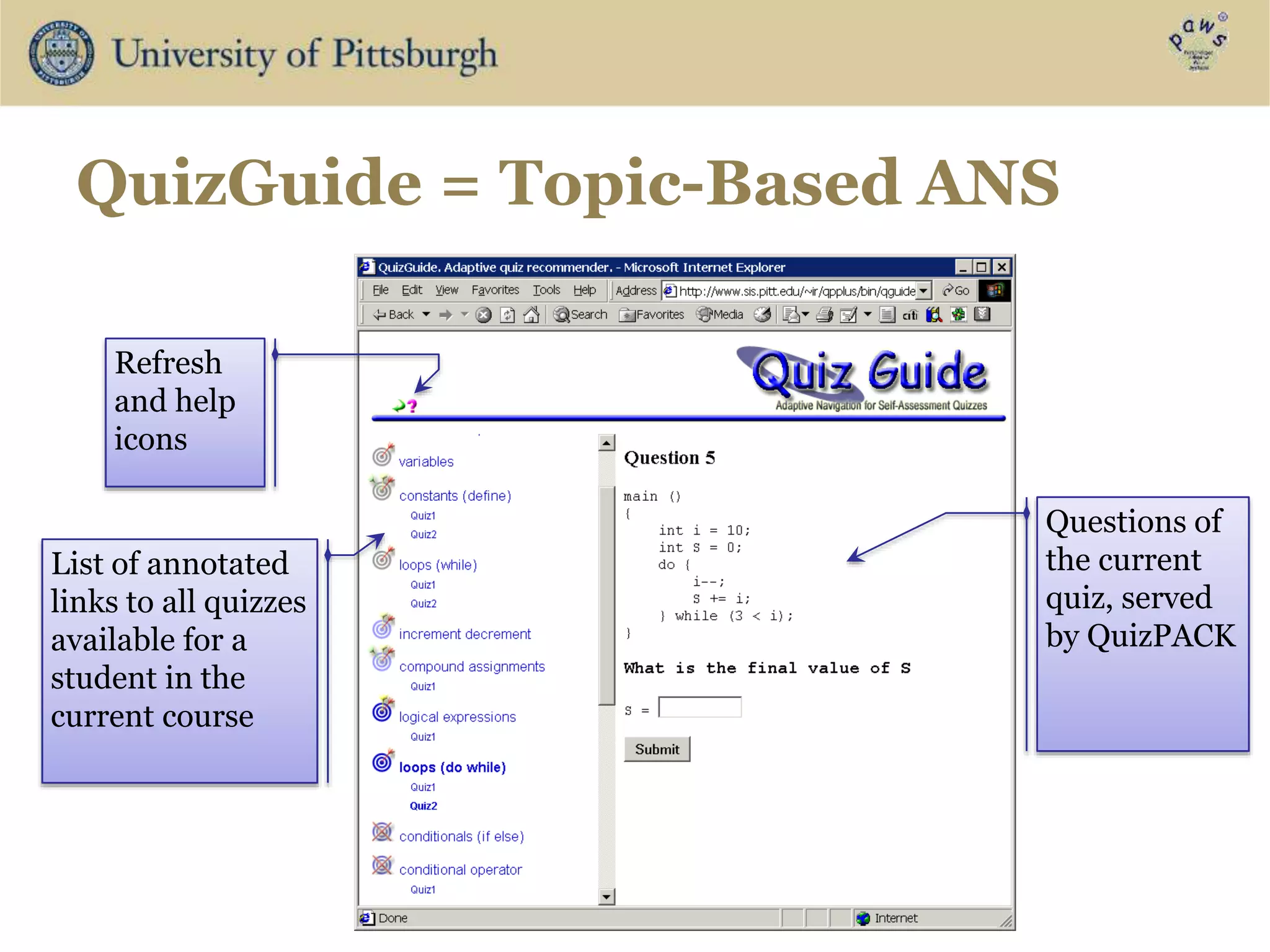 Questions of
the current
quiz, served
by QuizPACK
List of annotated
links to all quizzes
available for a
student in the
current course
Refresh
and help
icons
QuizGuide = Topic-Based ANS
 