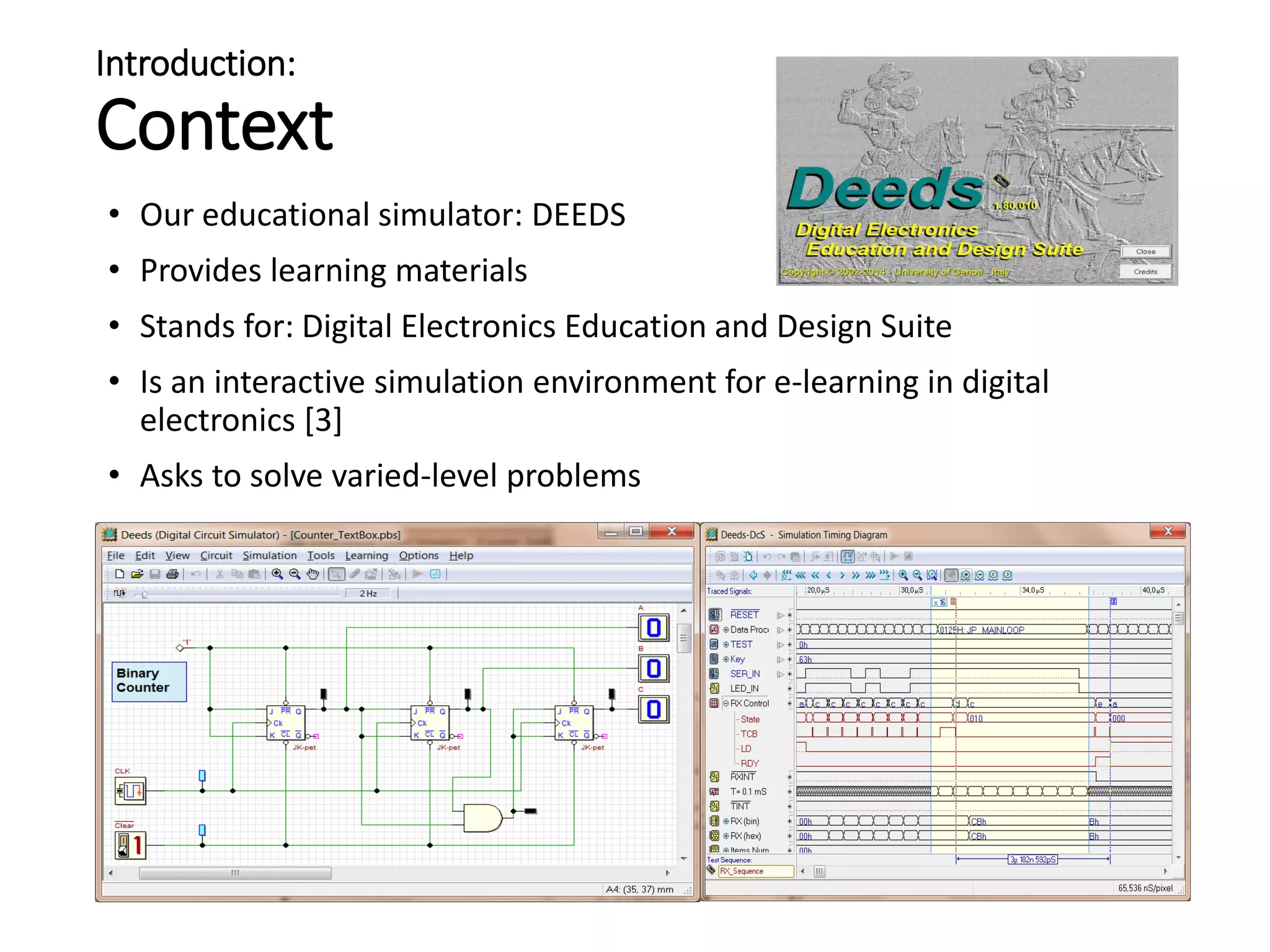 Introduction:
Context
• Our educational simulator: DEEDS
• Provides learning materials
• Stands for: Digital Electronics Education and Design Suite
• Is an interactive simulation environment for e-learning in digital
electronics [3]
• Asks to solve varied-level problems
 