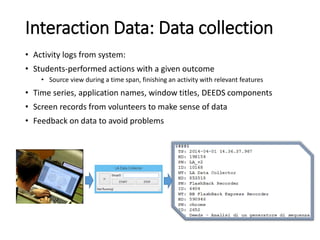 Interaction Data: Data collection
• Activity logs from system:
• Students-performed actions with a given outcome
• Source view during a time span, finishing an activity with relevant features
• Time series, application names, window titles, DEEDS components
• Screen records from volunteers to make sense of data
• Feedback on data to avoid problems
 