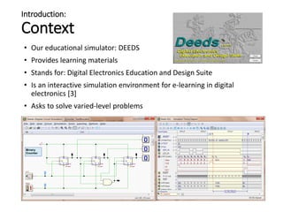 Introduction:
Context
• Our educational simulator: DEEDS
• Provides learning materials
• Stands for: Digital Electronics Education and Design Suite
• Is an interactive simulation environment for e-learning in digital
electronics [3]
• Asks to solve varied-level problems
 