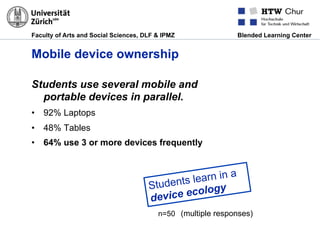 Faculty of Arts and Social Sciences, DLF & IPMZ Blended Learning Center
Mobile device ownership
Students use several mobile and
portable devices in parallel.
•  92% Laptops
•  48% Tables
•  64% use 3 or more devices frequently
Students learn in a
device ecology
n=50 (multiple responses)
 