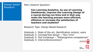 Design based
Research
Main research Question:
Can Learning Analytics, by use of Learning
Dashboards, improve the Learning ...
