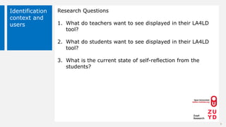 Identification
context and
users
Research Questions
1. What do teachers want to see displayed in their LA4LD
tool?
2. What...