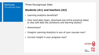 Methods
(Focusgroups Data)
Three focusgroups Data
Students (A1) and teachers (A2)
• Learning analytics beneficial?
• Only ...