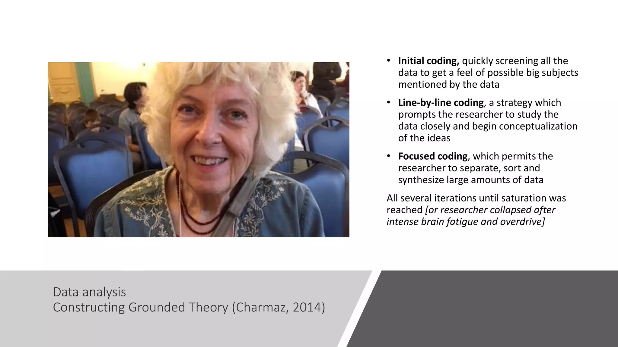 Data analysis
Constructing Grounded Theory (Charmaz, 2014)
• Initial coding, quickly screening all the
data to get a feel of possible big subjects
mentioned by the data
• Line-by-line coding, a strategy which
prompts the researcher to study the
data closely and begin conceptualization
of the ideas
• Focused coding, which permits the
researcher to separate, sort and
synthesize large amounts of data
All several iterations until saturation was
reached [or researcher collapsed after
intense brain fatigue and overdrive]
 