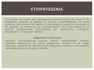 Al principio se origina por estreptococo beta-hemolítico del grupo A (S.
pyogenes); después se agregan S. aureus y gramnegativos. La causa
suele ser una picadura de insecto, o traumatismos; puede ser secundaria a
un impétigo; es favorecida por autoinoculación y por mala higiene en un
entorno predisponente caracterizado por desnutrición, linfedema,
alcoholismo o inmunodefi ciencia.
Diagnóstico diferencial
Impétigo, micobacteriosis cutánea ulceros, leishmaniasis cutánea,
pioderma gangrenoso. El ectima gangrenoso también es de origen
infeccioso, depende de Pseudomonas aeruginosa y empieza con ampollas
hemorrágicas que dan lugar a úlceras.
ETIOPATOGENIA
 