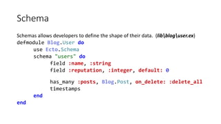 Schema
Schemas allows developers to define the shape of their data. (libbloguser.ex)
defmodule Blog.User do
use Ecto.Schem...