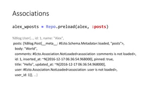Associations
alex_wposts = Repo.preload(alex, :posts)
%Blog.User{…, id: 1, name: "Alex",
posts: [%Blog.Post{__meta__: #Ect...