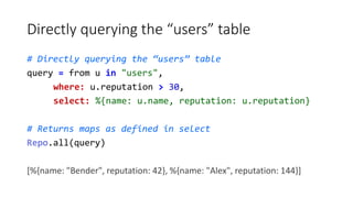 Directly querying the “users” table
# Directly querying the “users” table
query = from u in "users",
where: u.reputation >...