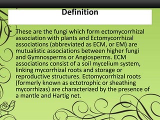 Definition
• These are the fungi which form ectomycorrhizal
association with plants and Ectomycorrhizal
associations (abbreviated as ECM, or EM) are
mutualistic associations between higher fungi
and Gymnosperms or Angiosperms. ECM
associations consist of a soil mycelium system,
linking mycorrhizal roots and storage or
reproductive structures. Ectomycorrhizal roots
(formerly known as ectotrophic or sheathing
mycorrhizas) are characterized by the presence of
a mantle and Hartig net.
 