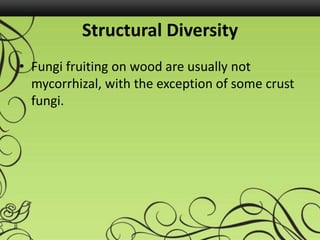 Structural Diversity
• Fungi fruiting on wood are usually not
mycorrhizal, with the exception of some crust
fungi.
 