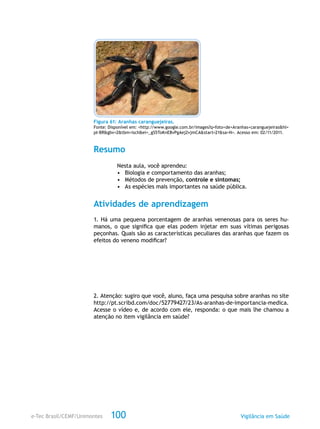 e-Tec Brasil/CEMF/Unimontes Vigilância em Saúde100
Figura 61: Aranhas caranguejeiras.
Fonte: Disponível em: <http://www.google.com.br/images?q=foto+de+Aranhas+caranguejeiras&hl=
pt-BR&gbv=2&tbm=isch&ei=_gS5ToKnE8vPgAej2vjmCA&start=21&sa=N>. Acesso em: 02/11/2011.
Resumo
Nesta aula, você aprendeu:
•	 Biologia e comportamento das aranhas;
•	 Métodos de prevenção, controle e sintomas;
•	 As espécies mais importantes na saúde pública.
Atividades de aprendizagem
1. Há uma pequena porcentagem de aranhas venenosas para os seres hu-
manos, o que significa que elas podem injetar em suas vítimas perigosas
peçonhas. Quais são as características peculiares das aranhas que fazem os
efeitos do veneno modificar?
2. Atenção: sugiro que você, aluno, faça uma pesquisa sobre aranhas no site
http://pt.scribd.com/doc/52779427/23/As-aranhas-de-importancia-medica.
Acesse o vídeo e, de acordo com ele, responda: o que mais lhe chamou a
atenção no item vigilância em saúde?
 