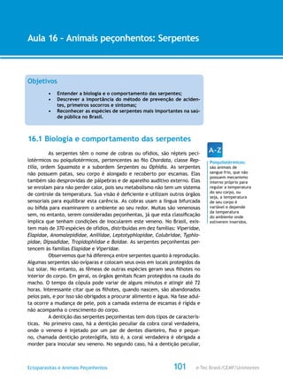 e-Tec Brasil/CEMF/UnimontesEctoparasitas e Animais Peçonhentos
AULA 1
Alfabetização Digital
101
Aula 16 – Animais peçonhentos: Serpentes
Objetivos
•	 Entender a biologia e o comportamento das serpentes;
•	 Descrever a importância do método de prevenção de aciden-
tes, primeiros socorros e sintomas;
•	 Reconhecer as espécies de serpentes mais importantes na saú-
de pública no Brasil.
16.1 Biologia e comportamento das serpentes
As serpentes têm o nome de cobras ou ofídios, são répteis peci-
lotérmicos ou poiquilotérmicos, pertencentes ao filo Chordata, classe Rep-
tilia, ordem Squamata e a subordem Serpentes ou Ophidia. As serpentes
não possuem patas, seu corpo é alongado e recoberto por escamas. Elas
também são desprovidas de pálpebras e de aparelho auditivo externo. Elas
se enrolam para não perder calor, pois seu metabolismo não tem um sistema
de controle da temperatura. Sua visão é deficiente e utilizam outros órgãos
sensoriais para equilibrar esta carência. As cobras usam a língua bifurcada
ou bífida para examinarem o ambiente ao seu redor. Muitas são venenosas
sem, no entanto, serem consideradas peçonhentas, já que esta classificação
implica que tenham condições de inocularem este veneno. No Brasil, exis-
tem mais de 370 espécies de ofídios, distribuídas em dez famílias: Viperidae,
Elapidae, Anomalepididae, Aniliidae, Leptotyphlopidae, Colubridae, Typhlo-
pidae, Dipsadidae, Tropidophiidae e Boidae. As serpentes peçonhentas per-
tencem às famílias Elapidae e Viperidae.
Observemos que há diferença entre serpentes quanto à reprodução.
Algumas serpentes são ovíparas e colocam seus ovos em locais protegidos da
luz solar. No entanto, as fêmeas de outras espécies geram seus filhotes no
interior do corpo. Em geral, os órgãos genitais ficam protegidos na cauda do
macho. O tempo da cópula pode variar de alguns minutos e atingir até 72
horas. Interessante citar que os filhotes, quando nascem, são abandonados
pelos pais, e por isso são obrigados a procurar alimento e água. Na fase adul-
ta ocorre a mudança de pele, pois a camada externa de escamas é rígida e
não acompanha o crescimento do corpo.
A dentição das serpentes peçonhentas tem dois tipos de caracterís-
ticas. No primeiro caso, há a dentição peculiar da cobra coral verdadeira,
onde o veneno é injetado por um par de dentes dianteiro, fixo e peque-
no, chamada dentição proteróglifa, isto é, a coral verdadeira é obrigada a
morder para inocular seu veneno. No segundo caso, há a dentição peculiar,
Poiquilotérmicos:
são animais de
sangue frio, que não
possuem mecanismo
interno próprio para
regular a temperatura
do seu corpo, ou
seja, a temperatura
de seu corpo é
variável e depende
da temperatura
do ambiente onde
estiverem inseridos.
 