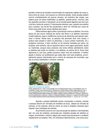 e-Tec Brasil/CEMF/Unimontes Vigilância em Saúde118
grandes números de picadas concentradas em pequenas regiões do corpo e,
outra área do corpo, com poucas ou nenhuma picada. Essas picadas podem
ocorrer imediatamente em poucos minutos. Ao contrário das vespas, que
podem picar em áreas indefinidas; as abelhas, quando picam, morrem, pois
seu aparelho excretor e reprodutor sai arrancado pelas ligações que tem com
o ferrão e bolsa de veneno. É interessante destacar que, quando uma abelha
pica a pessoa, seu ferrão fica pendurado e deve ser retirado por causa do
cheiro que pode atrair outras abelhas para picar.
Observaremos agora sobre a prevenção contra as abelhas. Em certa
época do ano ocorre redução de néctar das flores e as abelhas costumam
invadir padarias, lojas e residências à procura de alimentos que possam subs-
tituir o néctar. Nesse caso, as pessoas não precisam ficar com receio; a
prática mais simples é cobrir os alimentos, e nunca utilizar inseticida. Se o
problema continuar, é bom verificar se há colmeia instalada por perto. Ao
localizar uma colmeia, não se aproxime dela e nem jogue querosene, álcool
ou inseticida, porque esses produtos não terão efeitos satisfatórios sobre
as abelhas que estão na colméia, e as abelhas, ao saírem de lá, ficam mais
agressivas e, com isso, podem provocar maior risco de acidentes. A melhor
opção é chamar um profissional que saiba lidar com esse problema, princi-
palmente pessoa relacionada com o centro de zoonoses do município, que
são os únicos habilitados a remover colmeias.
Figura 73: Enxame de abelha.
Fonte: Disponível em: <http://www.google.com.br/imgres?imgurl=http://3.bp.blogspot.com/-7v-
wndl0MEo/TfrIbNr1xMI/AAAAAAAACrw/SHqj6lhnz2U/s1600/abelhas%2B01.jpg&imgrefurl=http://
www.caraubas24horas.com.br/2011/06/enxame-da-abelhas-continua-preocupando.html&usg=__
GU4WT9RVEGQwqGNYtMEKurWadfg=&h=300&w=400&sz=32&hl=pt-BR&start=12&zoom=1&tbnid=Tx
pJhLPitxkDZM:&tbnh=93&tbnw=124&ei=rUrBTqSeEeHW0QHx_ZRJ&prev=/images%3Fq%3DFoto%2Be
nxame%2Bde%2Babelha%26hl%3Dpt-BR%26sa%3DG%26tbm%3Disch&itbs=1>. Acesso em: 15/11/2011.
Quando a pessoa habilitada estiver removendo a colmeia, animais
e pessoas devem ser retirados de imediato do local,. Depois da retirada da
colmeia, se for possível, deve-se retirar as ceras e própoles restantes para
impedir nova instalação da colmeia.
Os primeiros socorros em caso de picada de abelha e marimbondos
são: em caso de acidente, provocado por múltiplas picadas de abelhas ou
vespas, encaminhar a vítima e alguns dos insetos que provocaram o acidente
rapidamente ao hospital. Pois, em indivíduos hipersensíveis, uma única pica-
 
