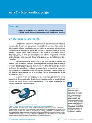 e-Tec Brasil/CEMF/UnimontesEctoparasitas e Animais Peçonhentos
AULA 1
Alfabetização Digital
21
Aula 2 – Ectoparasitas: pulgas
Objetivos
•	 Oferecer uma visão sobre métodos de prevenção das pulgas;
•	 Explicar o que são os métodos de controle mecânico e químico.
2.1 Métodos de prevenção
É importante conservar a higiene diária dos animais domésticos e
manutenção de convívio apropriado na residência humana. Além disso, é
interessante colocar, continuamente, um material que pode ser um tecido
ou uma toalha limpa onde animal vai dormir e, lave este material a cada
semana. Agindo, assim, pode dizer que é uma forma de se prevenir invasão
de pulgas, pois, os ovos que são depositados sobre o hospedeiro caem no
ambiente sobre este material. Desse jeito, os ovos são periodicamente des-
cartados.
Precisamos lembrar a importância dos pisos das casas: se eles fo-
rem de tacos ou tábuas corridas, ocorrem grandes riscos de todas as frestas
servirem de abrigo para pulgas, melhor maneira de evitar os abrigos é vetar
as frestas dos assoalhos e rodapés, e, ainda, lavar os tapetes e capachos,
periodicamente, para evitar novas infestações. Se houver tapetes ou carpe-
tes, passar o aspirador de pó; e, se possível, colocar esses materiais ao sol
durante uma hora.
As casas devem ser limpas uma ou duas vezes por semana com o
suprimento de um aspirador de pó. Desta maneira, evita-se o acúmulo de
poeiras nos tacos, tapetes e outros ambientes. É bom passar no assoalho um
tecido umedecido com querosene.
Figura 7: Aspirador é um importante aliado na luta contra pulgas.
Fonte: Disponível em: <http://www.google.com.br/imgres?imgurl=http://www.cpt.com.br/imagens/
enviadas/materias/materia1072/aspirador-pulga.JPG&imgrefurl=http://www.afe.com.br/noticia/1072/
eliminar-pulgas-fica-mais-facil-com-o-uso-de-aspirador-de-po&usg=__OTk1WPH_iIuvSsJvdIhhnTVAwg4=
&h=180&w=262&sz=12&hl=pt-BR&start=65&zoom=1&tbnid=uHMORUkKJh7YIM:&tbnh=77&tbnw=112&ei
=Q61yTrepLI--tgeCqryJCg&prev=/images%3Fq%3Dfoto%2Bde%2Bpulgas%2Bcom%2Bcontrole%26start%3D
63%26hl%3Dpt-BR%26sa%3DN%26tbm%3Disch&itbs=1>. Acesso em 09/08/2011.
Caro aluno, repare
como esse ponto é
importante. Devem ser
descartadas as sujeiras
que estiverem dentro
do filtro do aspirador,
após a limpeza, em
locais apropriados, pois,
as larvas das pulgas têm
a capacidade de eclodir
dos ovos recolhidos pelo
aspirador e, já as pulgas
adultas são capazes de
surgir de suas pupas e
reinfestar o ambiente.
 