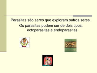 Parasitas são seres que exploram outros seres. Os parasitas podem ser de dois tipos: ectoparasitas e endoparasitas. 