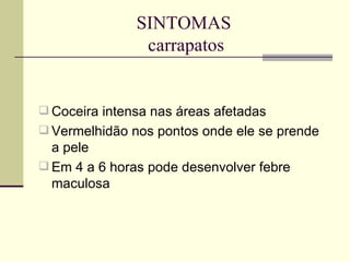 SINTOMAS  carrapatos Coceira intensa nas áreas afetadas  Vermelhidão nos pontos onde ele se prende a pele Em 4 a 6 horas pode desenvolver febre maculosa 