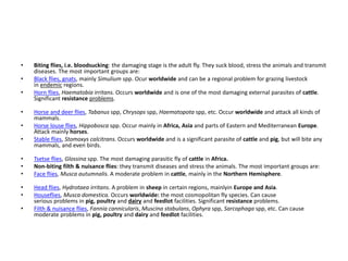 • Biting flies, i.e. bloodsucking: the damaging stage is the adult fly. They suck blood, stress the animals and transmit
diseases. The most important groups are:
• Black flies, gnats, mainly Simulium spp. Ocur worldwide and can be a regional problem for grazing livestock
in endemic regions.
• Horn flies, Haematobia irritans. Occurs worldwide and is one of the most damaging external parasites of cattle.
Significant resistance problems.
• Horse and deer flies, Tabanus spp, Chrysops spp, Haematopota spp, etc. Occur worldwide and attack all kinds of
mammals.
• Horse louse flies, Hippobosca spp. Occur mainly in Africa, Asia and parts of Eastern and Mediterranean Europe.
Attack mainly horses.
• Stable flies, Stomoxys calcitrans. Occurs worldwide and is a significant parasite of cattle and pig, but will bite any
mammals, and even birds.
• Tsetse flies, Glossina spp. The most damaging parasitic fly of cattle in Africa.
• Non-biting filth & nuisance flies: they transmit diseases and stress the animals. The most important groups are:
• Face flies, Musca autumnalis. A moderate problem in cattle, mainly in the Northern Hemisphere.
• Head flies, Hydrotaea irritans. A problem in sheep in certain regions, mainlyin Europe and Asia.
• Houseflies, Musca domestica. Occurs worldwide: the most cosmopolitan fly species. Can cause
serious problems in pig, poultry and dairy and feedlot facilities. Significant resistance problems.
• Filth & nuisance flies, Fannia cannicularis, Muscina stabulans, Ophyra spp, Sarcophaga spp, etc. Can cause
moderate problems in pig, poultry and dairy and feedlot facilities.
 
