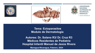 Autores: Dr. Solano R3/ Dr. Cruz R3
Médicos Residentes de Pediatría
Hospital Infantil Manuel de Jesús Rivera
Managua-Nicaragua, Febrero, 2024
Tema: Ectoparasitos
Modulo de Dermatología
 