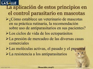 La aplicación de estos principios en 
el control parasitario en mascotas 
¿Cómo establece un veterinario de mascotas 
en su práctica rutinaria, la recomendación 
sobre uso de antiparasitarios en sus pacientes? 
Los ciclos de vida de los ectoparásitos 
La presión de mercadeo de las diversas casas 
comerciales 
Las moléculas activas, el pasado y el presente 
La resistencia a los antiparasitarios 
(Benavides, 2014©) 
 