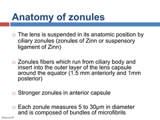 Anatomy of zonules 
 The lens is suspended in its anatomic position by 
ciliary zonules (zonules of Zinn or suspensory 
ligament of Zinn) 
 Zonules fibers which run from ciliary body and 
insert into the outer layer of the lens capsule 
around the equator (1.5 mm anteriorly and 1mm 
posterior) 
 Stronger zonules in anterior capsule 
 Each zonule measures 5 to 30μm in diameter 
and is composed of bundles of microfibrils 
Sharma IP 
 