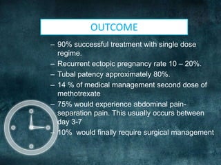 ADVICESPatient should be given information on(preferably written)Need for further treatmentAdverse effectsWomen should be able to return easily for assessment at any time during follow-upAdviceavoid sexual intercourse during treatment to maintain  fluid intake use reliable contraception for three months after methotrexate has been given, barrier or hormonal)Avoid exposure to sunlight.“-     Avoid alcohol and vitamin preparations containing folic acid until the hormone level is back to zero.          -       Avoid aspirin or drugs such as Ibuprofen for one week after treatment. 