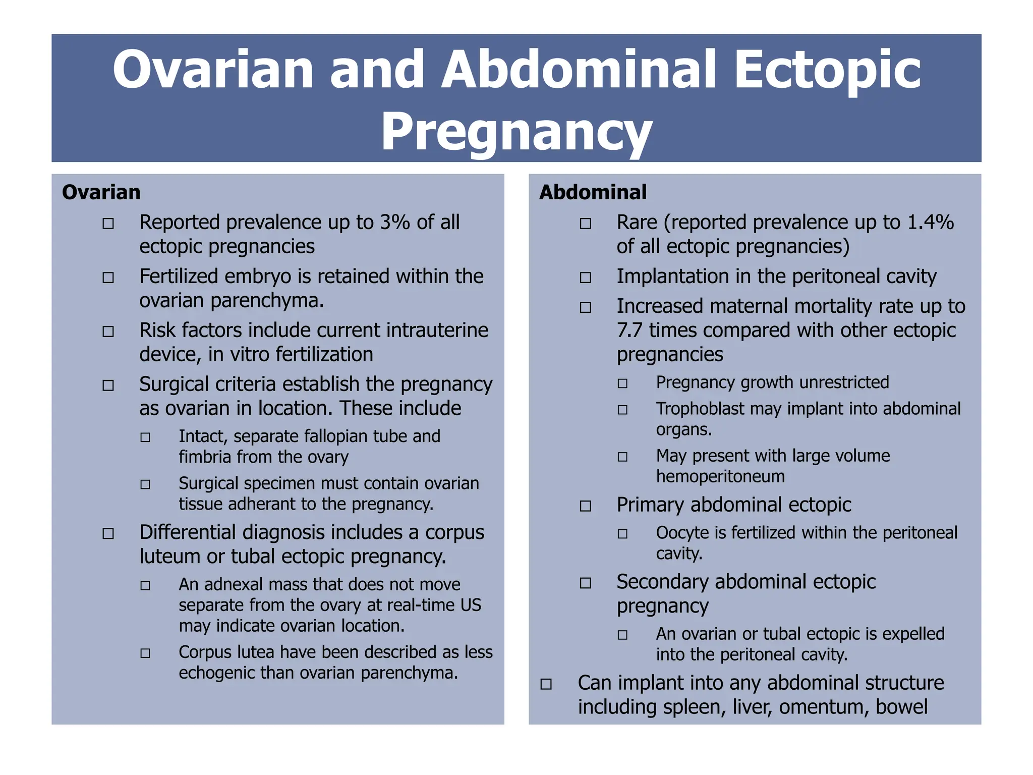 Ovarian and Abdominal Ectopic
Pregnancy
Ovarian
 Reported prevalence up to 3% of all
ectopic pregnancies
 Fertilized embryo is retained within the
ovarian parenchyma.
 Risk factors include current intrauterine
device, in vitro fertilization
 Surgical criteria establish the pregnancy
as ovarian in location. These include
 Intact, separate fallopian tube and
fimbria from the ovary
 Surgical specimen must contain ovarian
tissue adherant to the pregnancy.
 Differential diagnosis includes a corpus
luteum or tubal ectopic pregnancy.
 An adnexal mass that does not move
separate from the ovary at real-time US
may indicate ovarian location.
 Corpus lutea have been described as less
echogenic than ovarian parenchyma.
Abdominal
 Rare (reported prevalence up to 1.4%
of all ectopic pregnancies)
 Implantation in the peritoneal cavity
 Increased maternal mortality rate up to
7.7 times compared with other ectopic
pregnancies
 Pregnancy growth unrestricted
 Trophoblast may implant into abdominal
organs.
 May present with large volume
hemoperitoneum
 Primary abdominal ectopic
 Oocyte is fertilized within the peritoneal
cavity.
 Secondary abdominal ectopic
pregnancy
 An ovarian or tubal ectopic is expelled
into the peritoneal cavity.
 Can implant into any abdominal structure
including spleen, liver, omentum, bowel
 