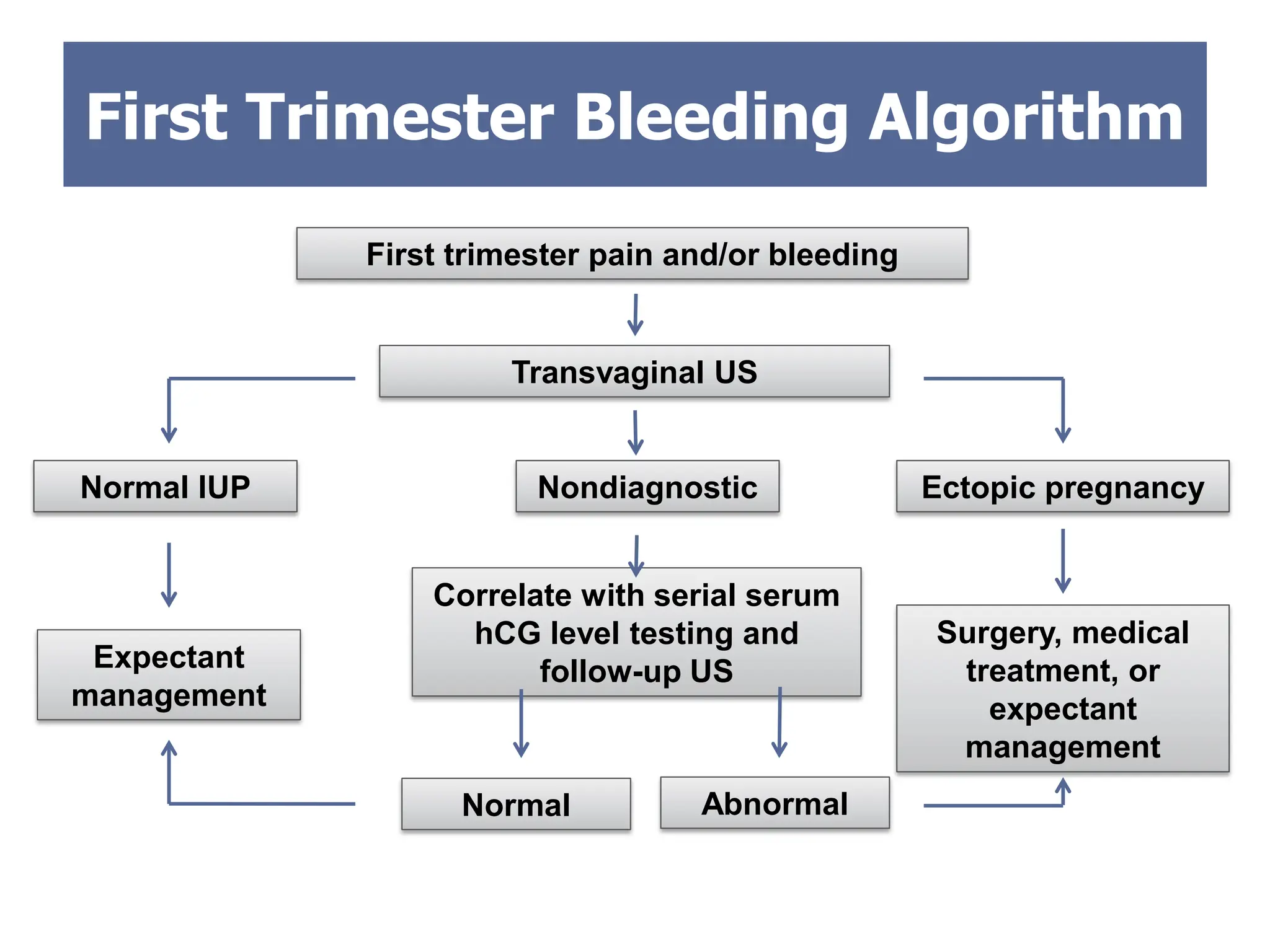 First Trimester Bleeding Algorithm
Transvaginal US
First trimester pain and/or bleeding
Correlate with serial serum
hCG level testing and
follow-up US
Ectopic pregnancy
Normal IUP
Expectant
management
Surgery, medical
treatment, or
expectant
management
Nondiagnostic
Abnormal
Normal
 