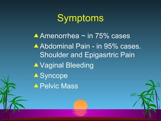 Symptoms Amenorrhea ~ in 75% cases Abdominal Pain - in 95% cases. Shoulder and Epigasrtric Pain Vaginal Bleeding  Syncope Pelvic Mass 