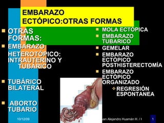EMBARAZO   ECTÓPICO:OTRAS FORMAS OTRAS FORMAS: EMBARAZO HETEROTÓPICO: INTRAUTERINO Y  TUBÁRICO TUBÁRICO  BILATERAL ABORTO TUBARIO MOLA ECTÓPICA EMBARAZO TUBARICO GEMELAR EMBARAZO  ECTÓPICO    POSTHISTERECTOMÍA EMBARAZO  ECTÓPICO  ORGANIZADO REGRESIÓN ESPONTANEA 