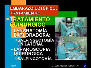 EMBARAZO ECTÓPICO: TRATAMIENTO TRATAMIENTO QUIRÚRGICO LAPARATOMÍA EXPLORADORA: SALPINGECTOMÍA UNILATERAL LAPAROSCOPIA QUIRÚRGICA SALPINGOTOMÍA 