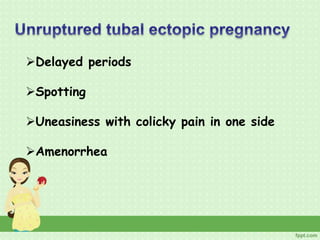 Delayed periods
Spotting
Uneasiness with colicky pain in one side
Amenorrhea
 