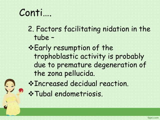 Conti….
2. Factors facilitating nidation in the
tube –
Early resumption of the
trophoblastic activity is probably
due to premature degeneration of
the zona pellucida.
Increased decidual reaction.
Tubal endometriosis.
 