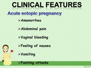 Amenorrhea
Abdominal pain
Vaginal bleeding
Feeling of nausea
Vomiting
Fainting attacks
 