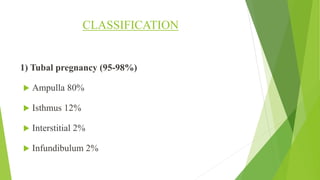 CLASSIFICATION
1) Tubal pregnancy (95-98%)
 Ampulla 80%
 Isthmus 12%
 Interstitial 2%
 Infundibulum 2%
 