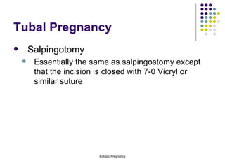 Tubal Pregnancy Salpingotomy Essentially the same as salpingostomy except that the incision is closed with 7-0 Vicryl or similar suture 