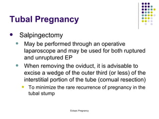 Tubal Pregnancy Salpingectomy May be performed through an operative laparoscope and may be used for both ruptured and unruptured EP When removing the oviduct, it is advisable to excise a wedge of the outer third (or less) of the interstitial portion of the tube (cornual resection) To minimize the rare recurrence of pregnancy in the tubal stump 