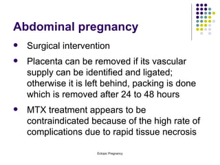 Abdominal pregnancy Surgical intervention  Placenta can be removed if its vascular supply can be identified and ligated; otherwise it is left behind, packing is done which is removed after 24 to 48 hours MTX treatment appears to be contraindicated because of the high rate of complications due to rapid tissue necrosis 