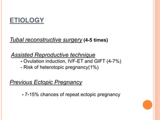 ETIOLOGY
Tubal reconstructive surgery (4-5 times)
Assisted Reproductive technique
- Ovulation induction, IVF-ET and GIFT (4-7%)
- Risk of heterotopic pregnancy(1%)
Previous Ectopic Pregnancy
- 7-15% chances of repeat ectopic pregnancy
 