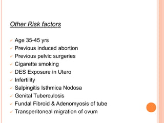 Other Risk factors
 Age 35-45 yrs
 Previous induced abortion
 Previous pelvic surgeries
 Cigarette smoking
 DES Exposure in Utero
 Infertility
 Salpingitis Isthmica Nodosa
 Genital Tuberculosis
 Fundal Fibroid & Adenomyosis of tube
 Transperitoneal migration of ovum
 
